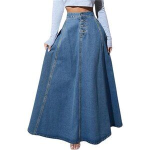 Women's Retro High WaistedDenim Maxi Skirts Blue